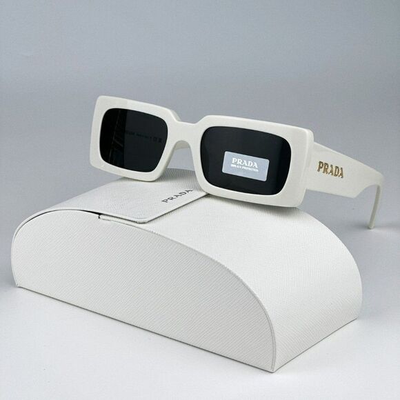 NEW Prada PR A07S 1425S0 Talc White Dark Grey Rectangle Unisex Sunglasses - Picture 1 of 11